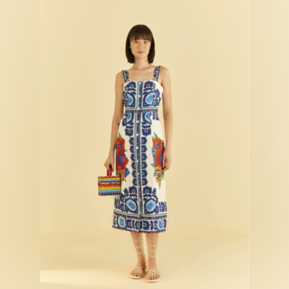 FARM RIO NWT XL LINEN OFF WHITE FLOWER TAPESTRY MIDI DRESS